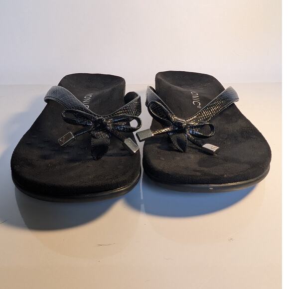 VIONIC Bella Toe Post Flip Flop Sandals with Bow Black Lizard Reptile Women's 7 - Picture 4 of 15